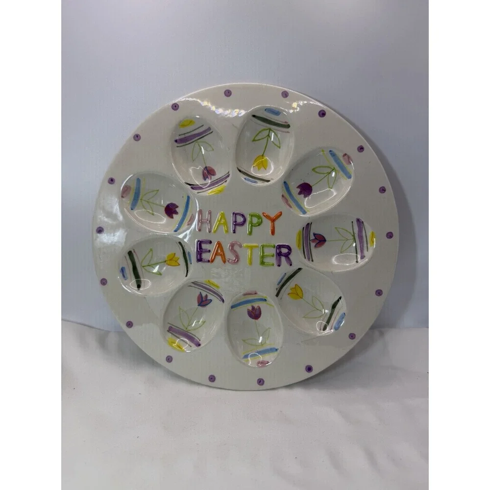 Happy Easter Egg White Ceramic Plate Holds 9 Eggs Vintage 10